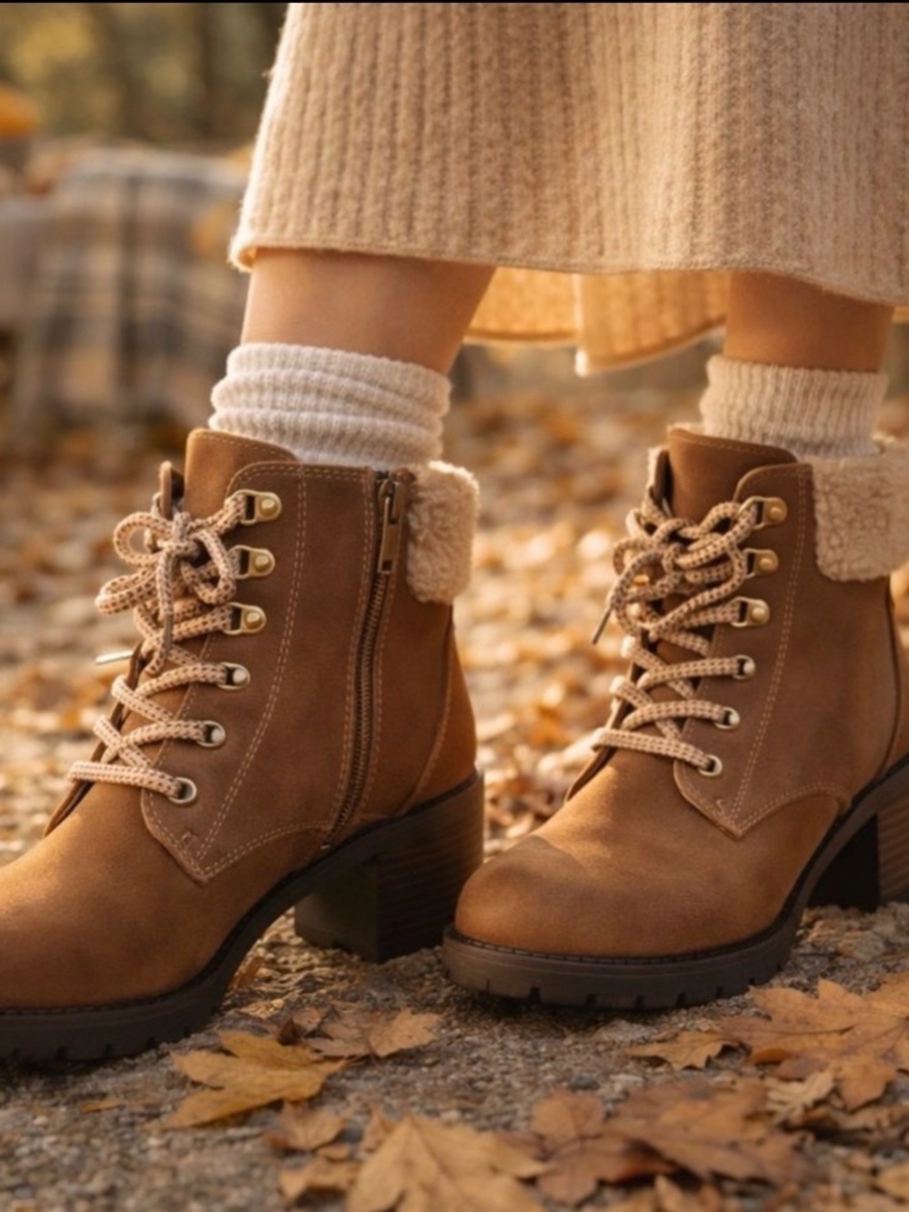 Women's Brown Lace-Up Faux-Fur Collar Combat Ankle Boots Block Heel sz 6.5